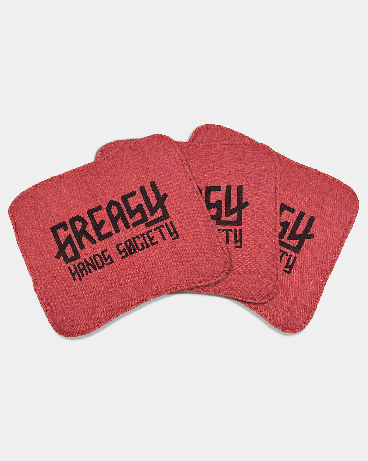 3-pack greasy hands society logo red shop rags on a gray background