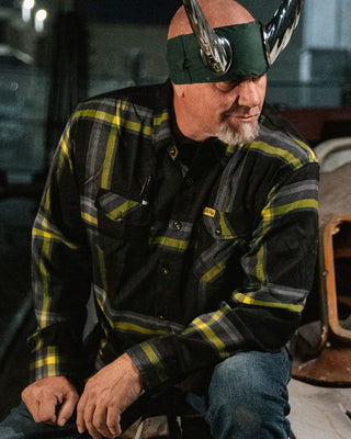 eat dust flannel on horny mike as a model - black gray and yellow flannel